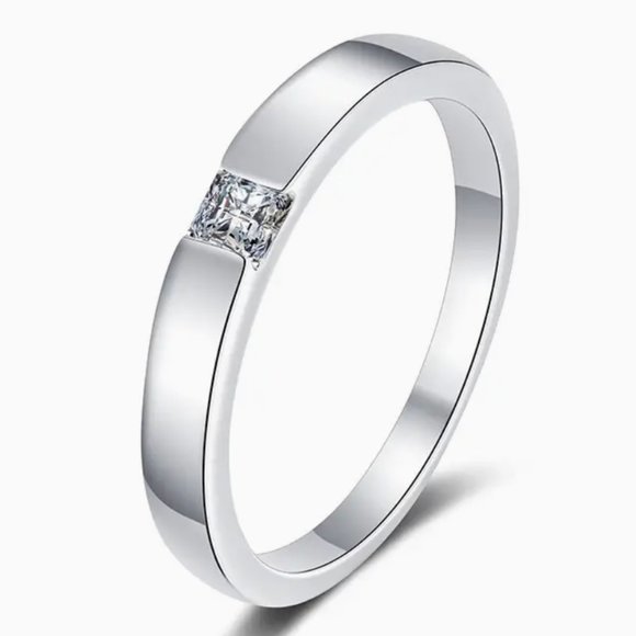 Dimond Ring Single Stone Silver 925 Band Simple Square Moissanite Ring SZ 9 NWT - Picture 1 of 8